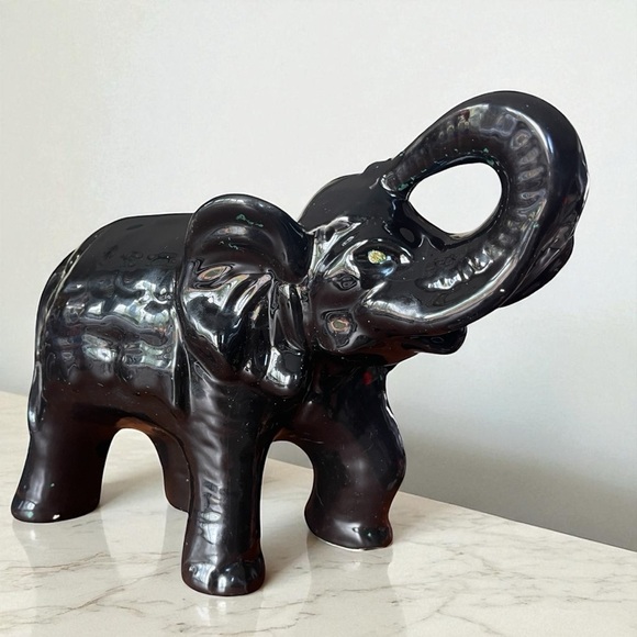 Vtg Ceramic Black Elephant Figurine Glossy Trunk Up Good Luck Prosperity MCM - Picture 1 of 5